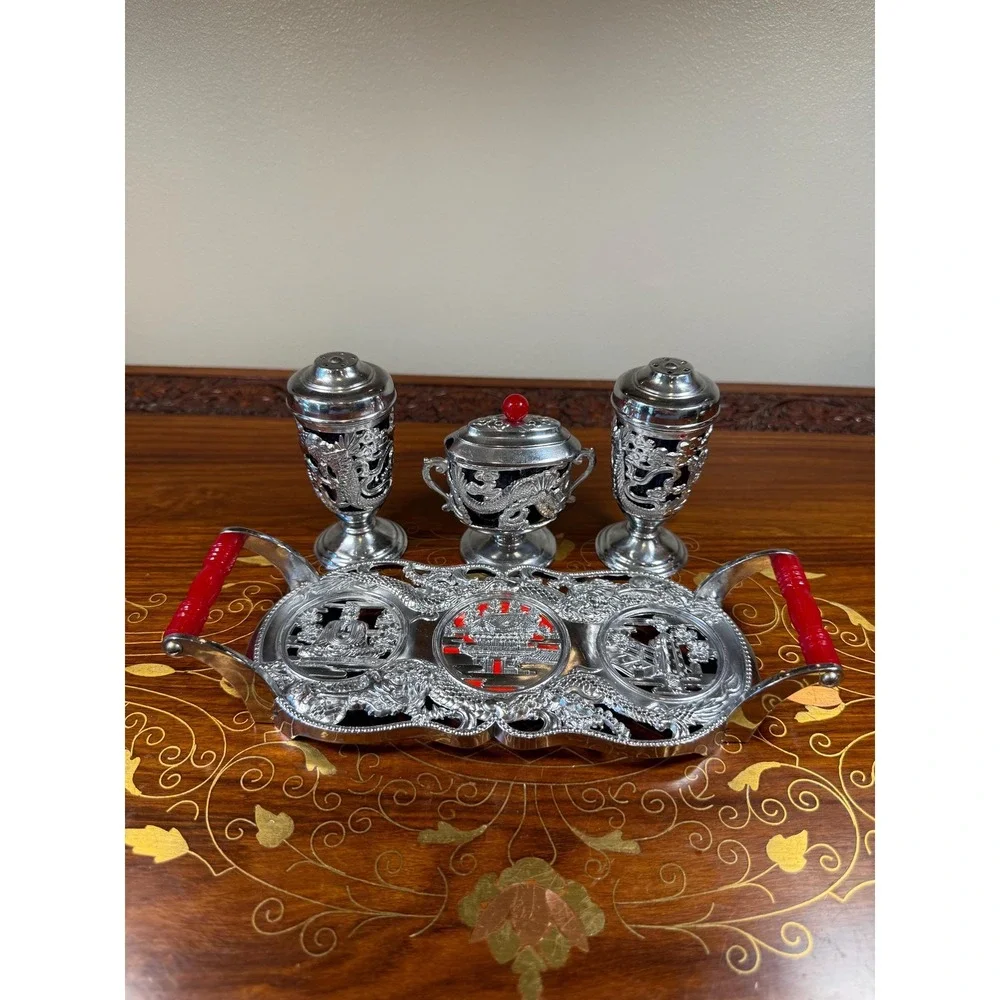 Vintage Japanese Condiment Set • Silver Plate Dragon Motif with Cobalt Glass
